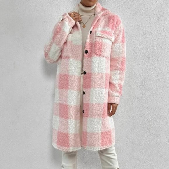 Plaid Flap Pocket cozy comfy Teddy Coat Shacket Pink - Picture 4 of 7
